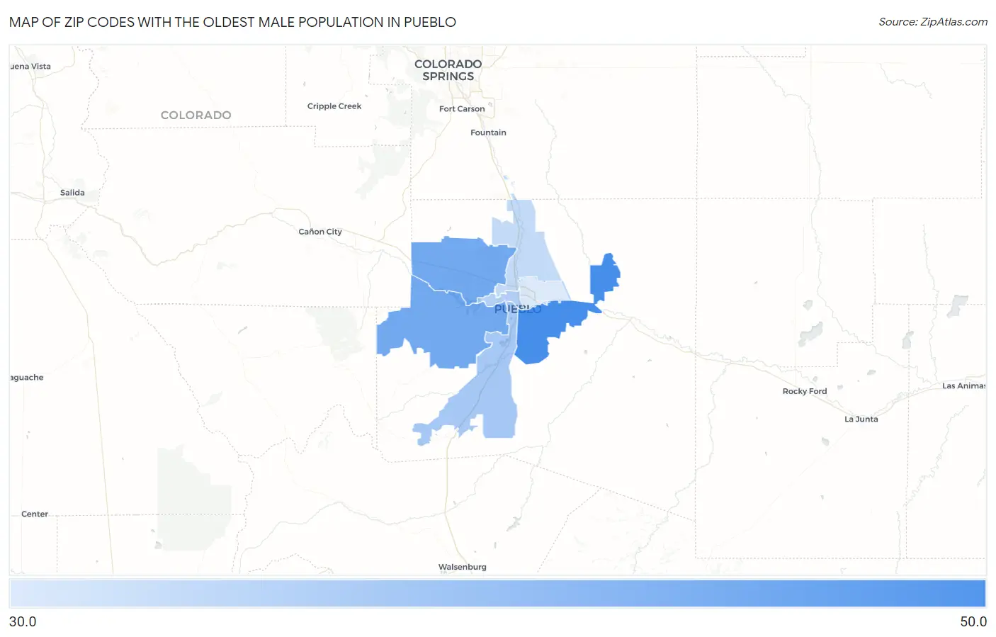 Zip Codes with the Oldest Male Population in Pueblo Map