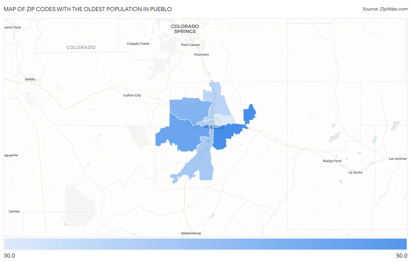 Zip Codes with the Oldest Population in Pueblo Map