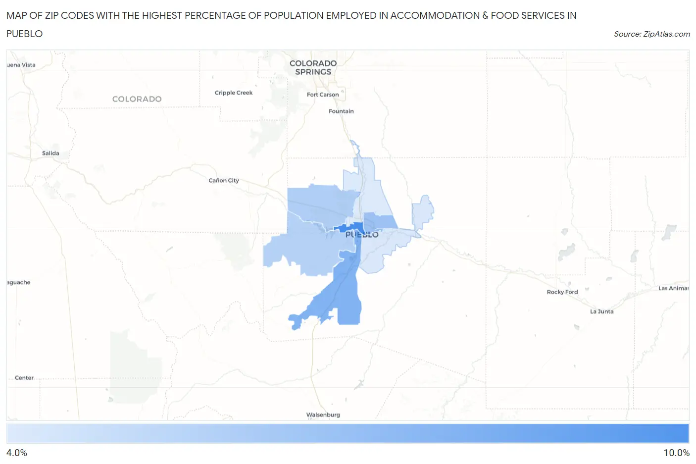 Zip Codes with the Highest Percentage of Population Employed in Accommodation & Food Services in Pueblo Map
