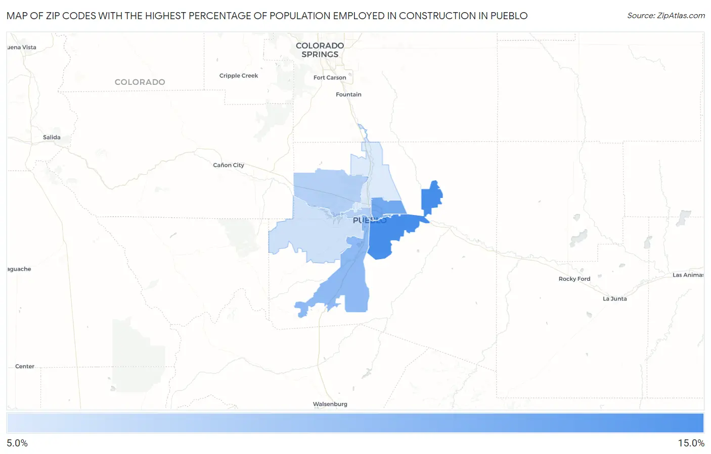 Zip Codes with the Highest Percentage of Population Employed in Construction in Pueblo Map