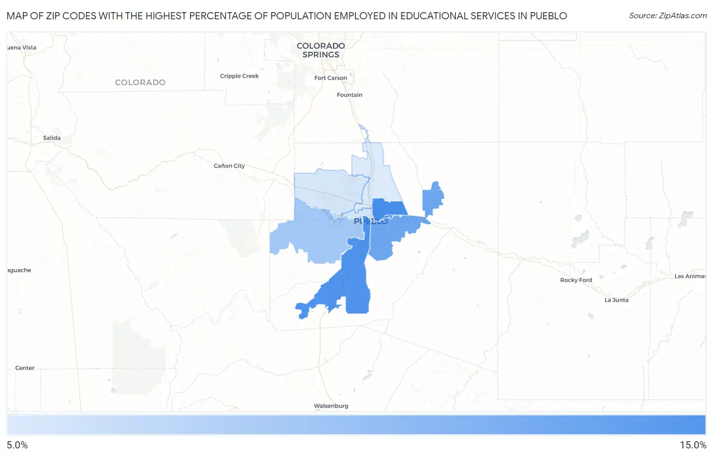 Zip Codes with the Highest Percentage of Population Employed in Educational Services in Pueblo Map