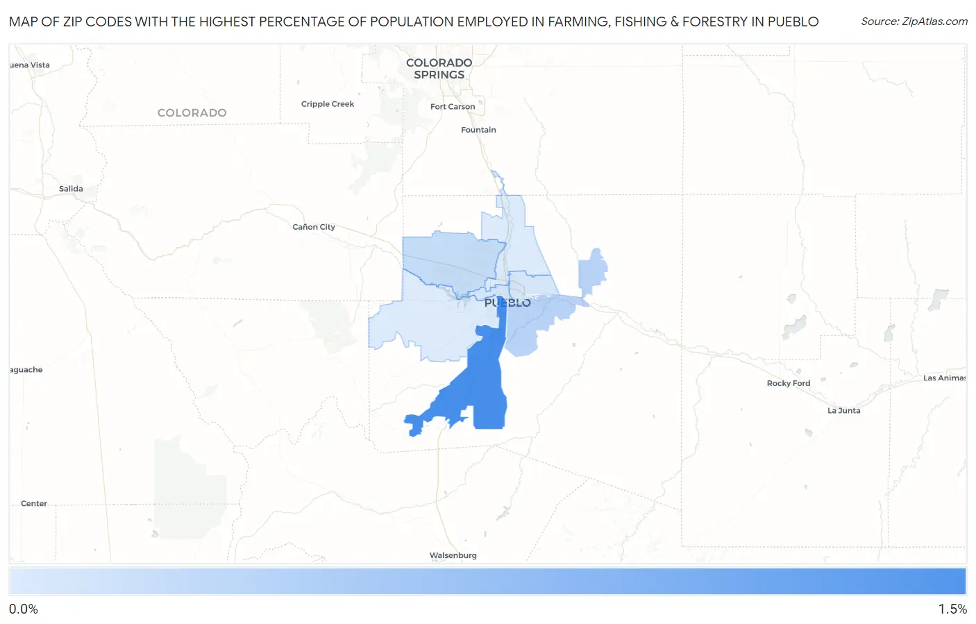 Zip Codes with the Highest Percentage of Population Employed in Farming, Fishing & Forestry in Pueblo Map