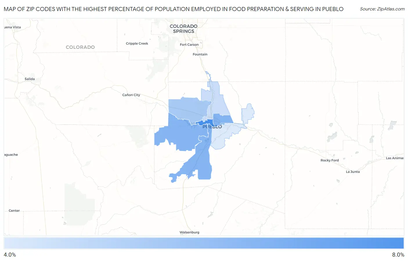 Zip Codes with the Highest Percentage of Population Employed in Food Preparation & Serving in Pueblo Map