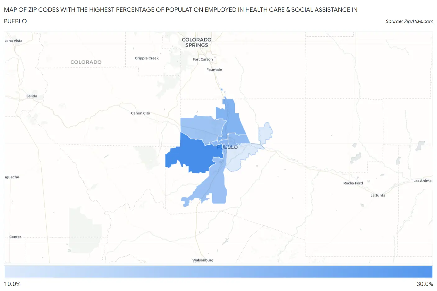 Zip Codes with the Highest Percentage of Population Employed in Health Care & Social Assistance in Pueblo Map