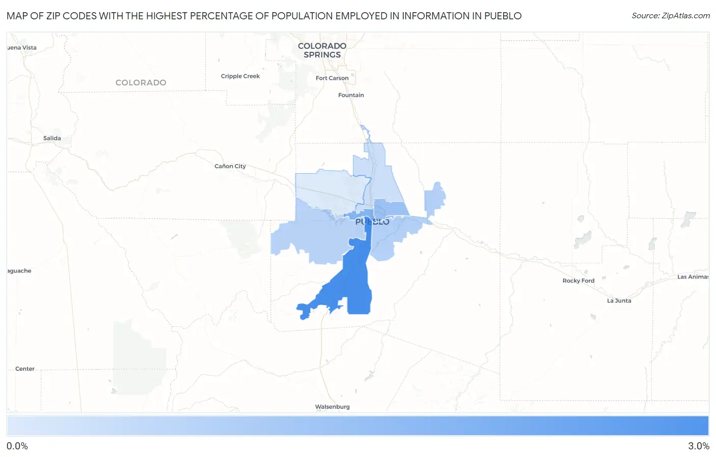 Zip Codes with the Highest Percentage of Population Employed in Information in Pueblo Map