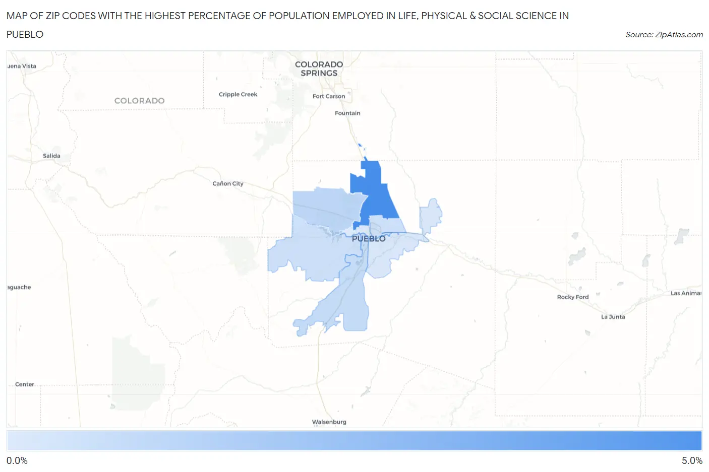Zip Codes with the Highest Percentage of Population Employed in Life, Physical & Social Science in Pueblo Map