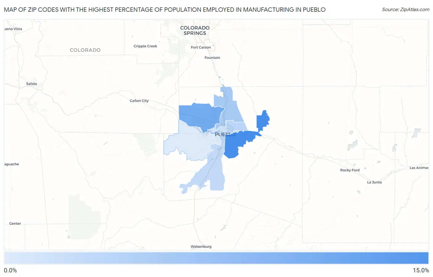 Zip Codes with the Highest Percentage of Population Employed in Manufacturing in Pueblo Map