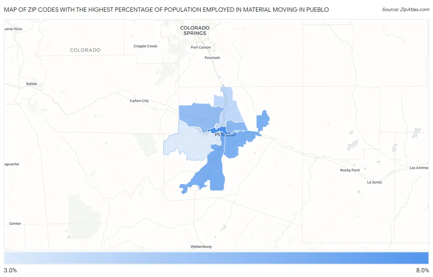 Zip Codes with the Highest Percentage of Population Employed in Material Moving in Pueblo Map