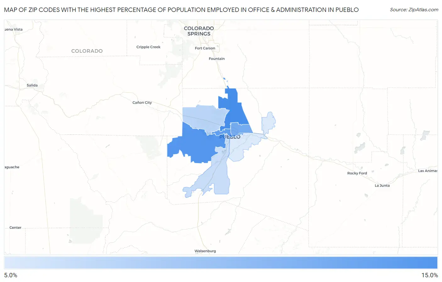 Zip Codes with the Highest Percentage of Population Employed in Office & Administration in Pueblo Map
