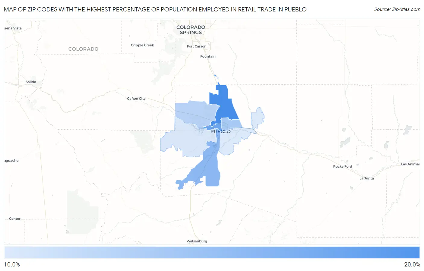 Zip Codes with the Highest Percentage of Population Employed in Retail Trade in Pueblo Map