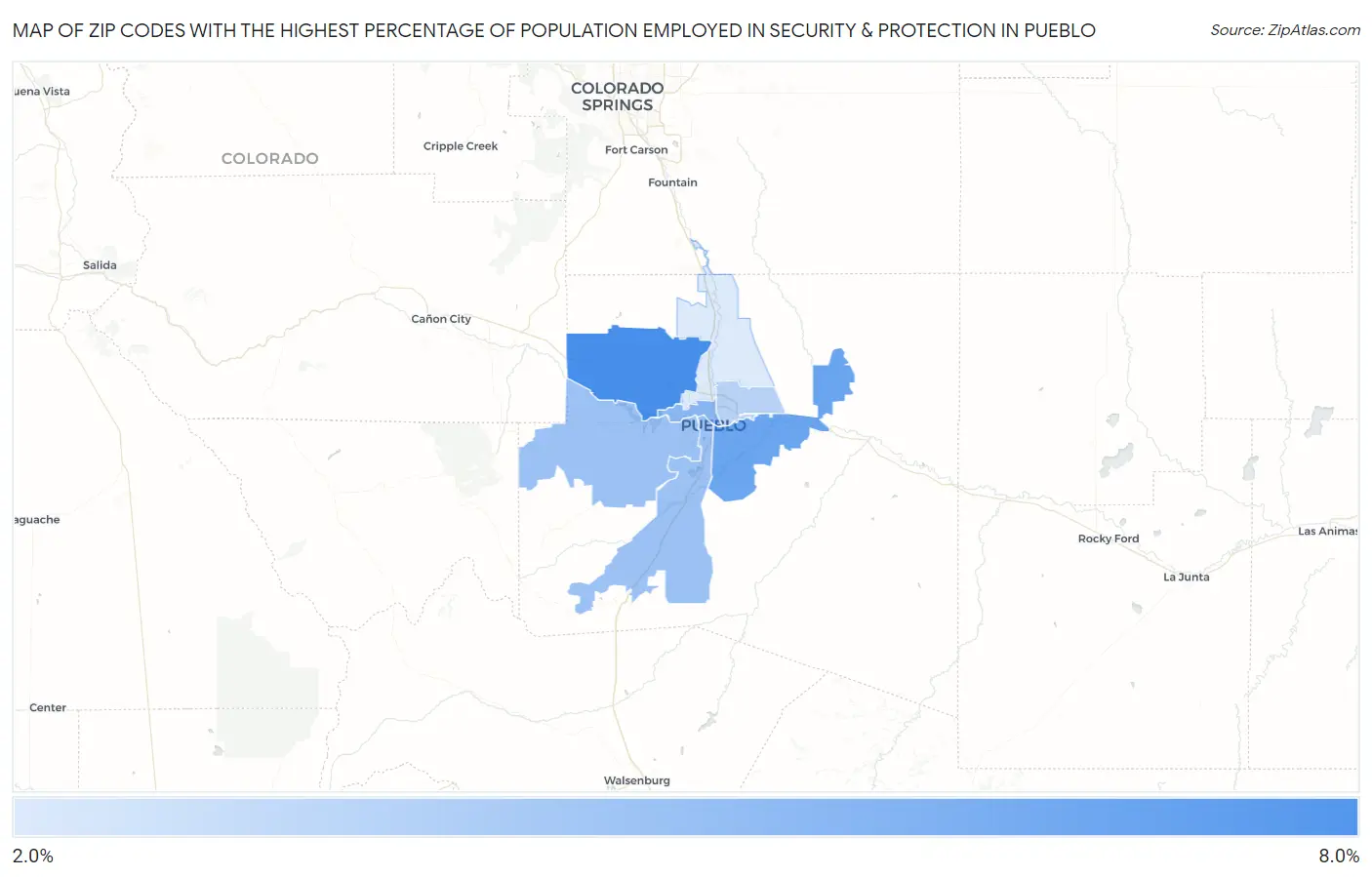 Zip Codes with the Highest Percentage of Population Employed in Security & Protection in Pueblo Map