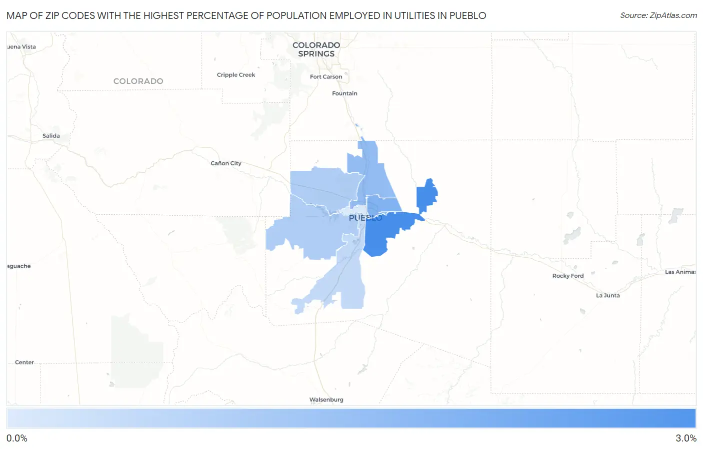 Zip Codes with the Highest Percentage of Population Employed in Utilities in Pueblo Map