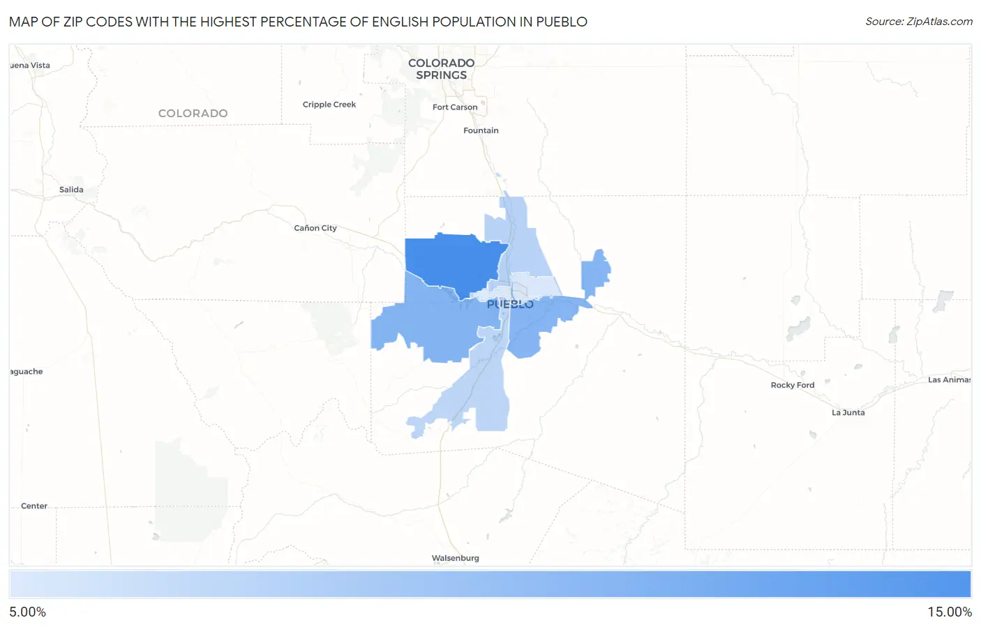 Zip Codes with the Highest Percentage of English Population in Pueblo Map