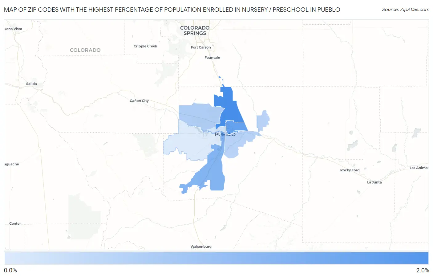 Zip Codes with the Highest Percentage of Population Enrolled in Nursery / Preschool in Pueblo Map