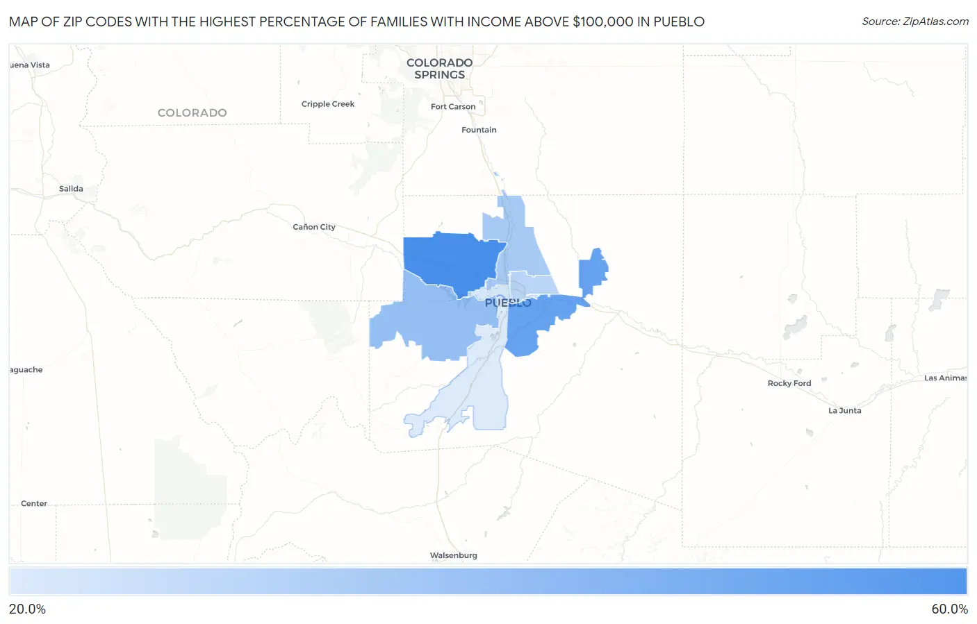 Zip Codes with the Highest Percentage of Families with Income Above $100,000 in Pueblo Map