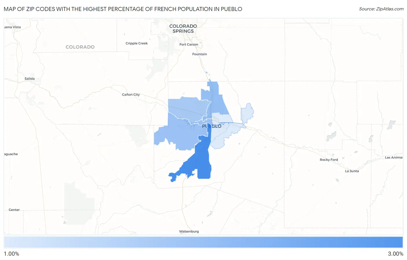 Zip Codes with the Highest Percentage of French Population in Pueblo Map