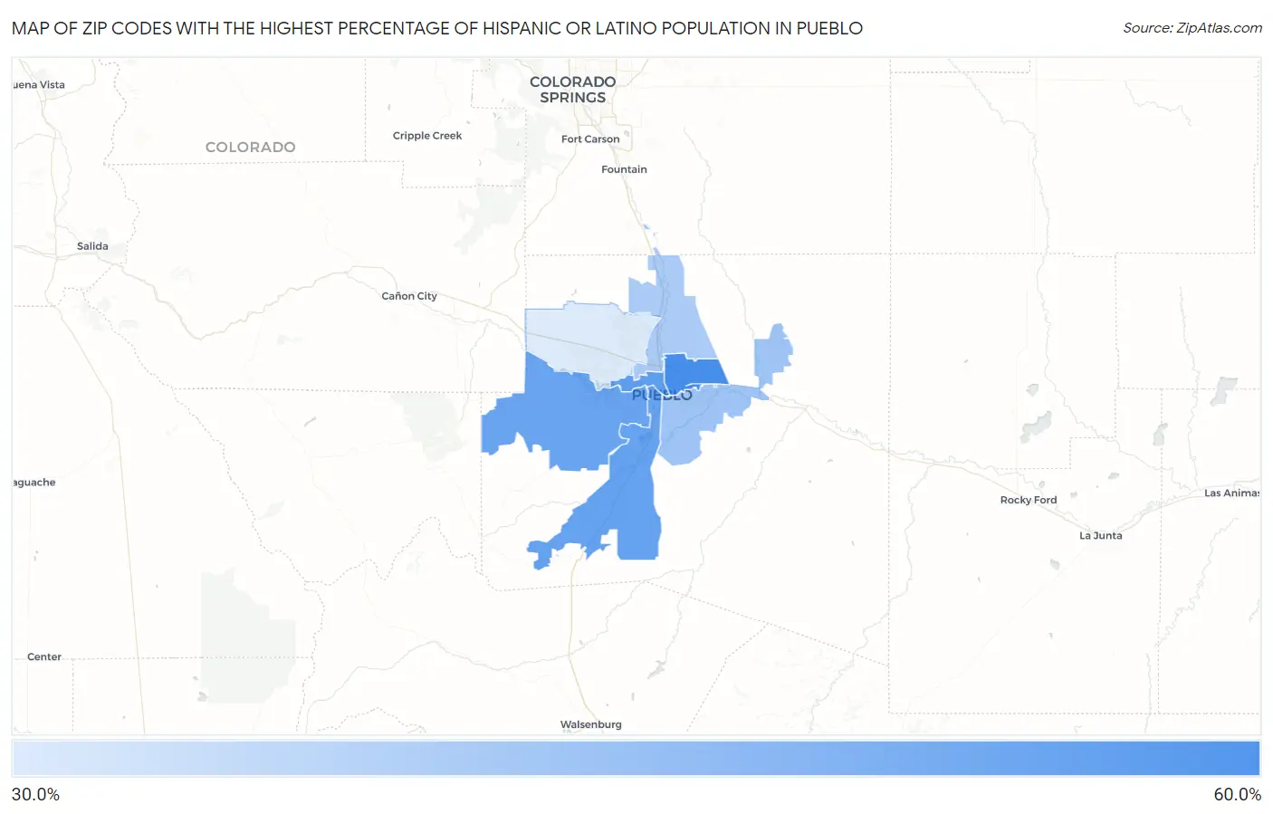 Zip Codes with the Highest Percentage of Hispanic or Latino Population in Pueblo Map