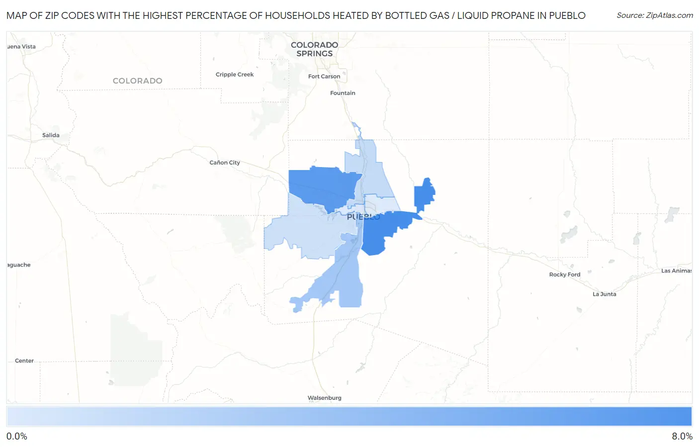 Zip Codes with the Highest Percentage of Households Heated by Bottled Gas / Liquid Propane in Pueblo Map