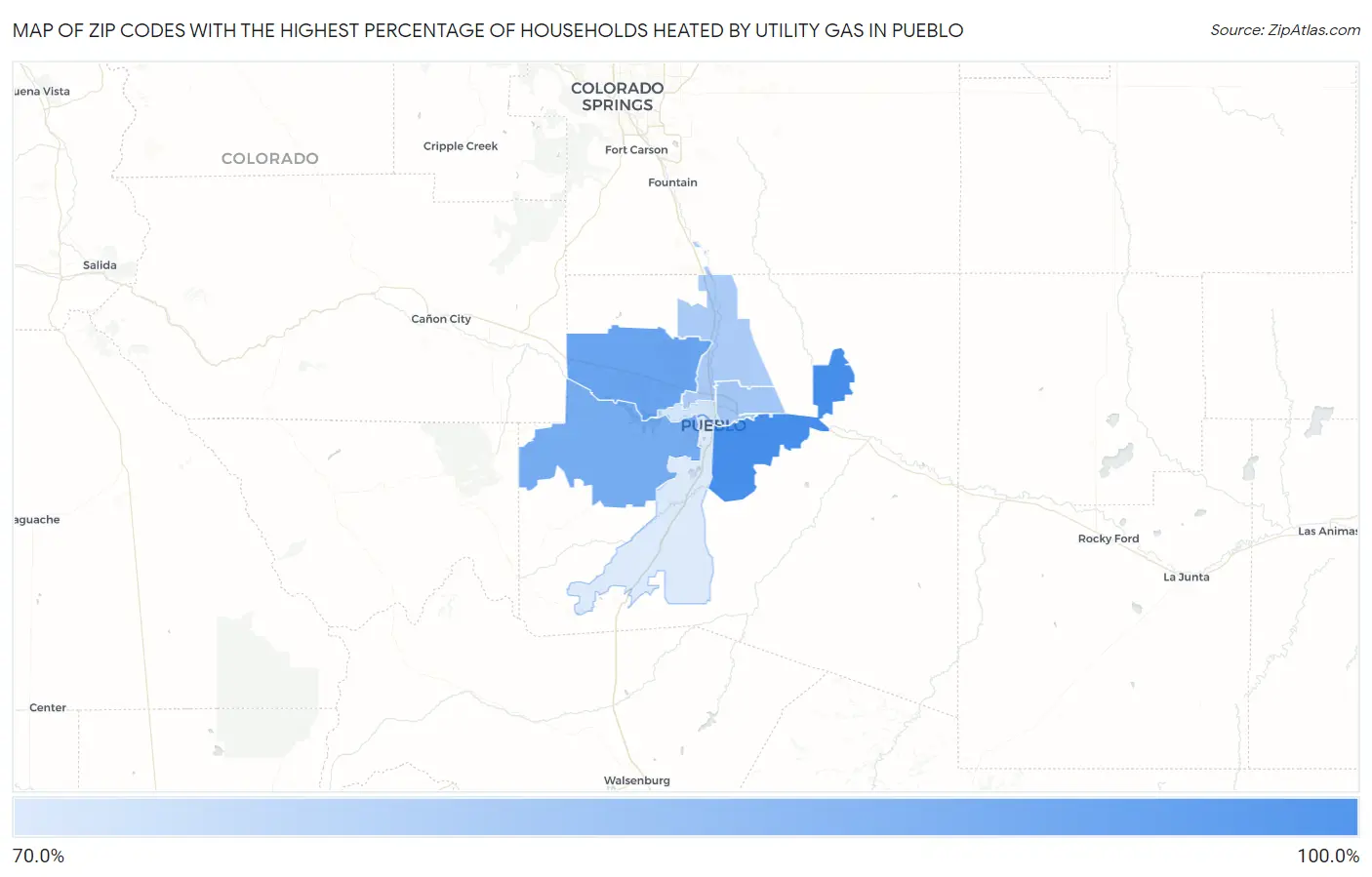 Zip Codes with the Highest Percentage of Households Heated by Utility Gas in Pueblo Map