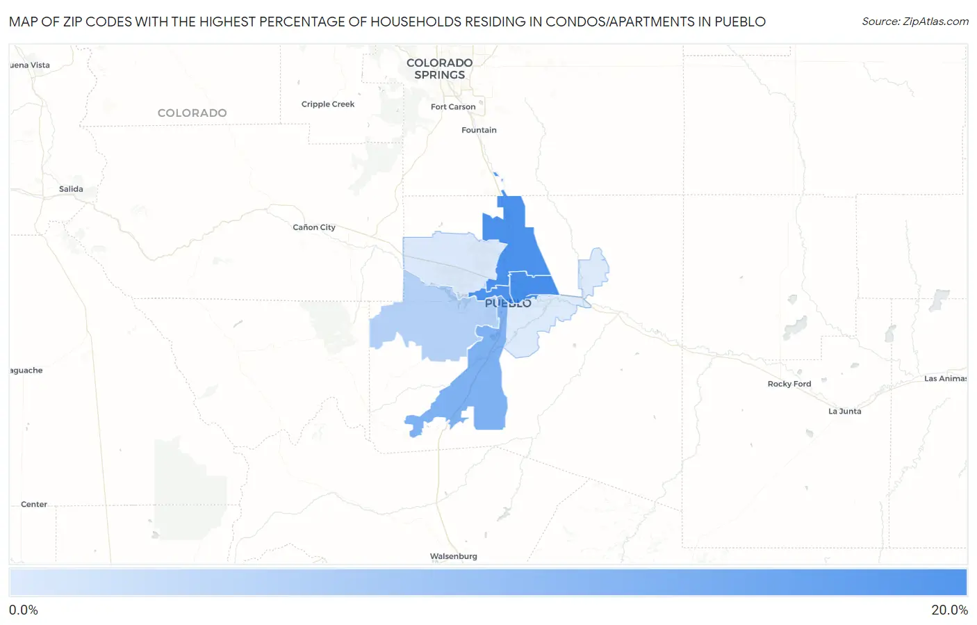 Zip Codes with the Highest Percentage of Households Residing in Condos/Apartments in Pueblo Map