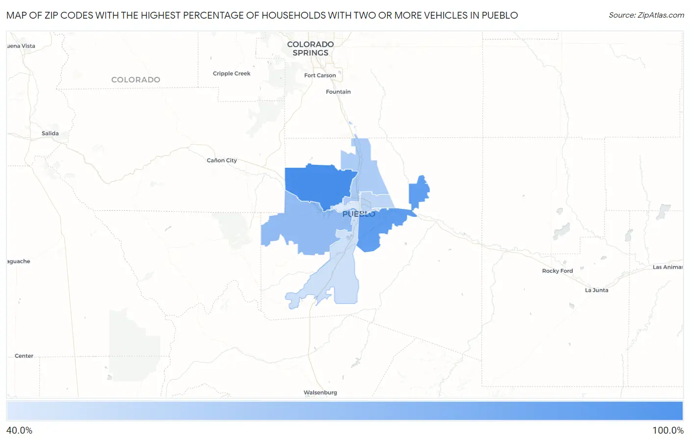 Zip Codes with the Highest Percentage of Households With Two or more Vehicles in Pueblo Map