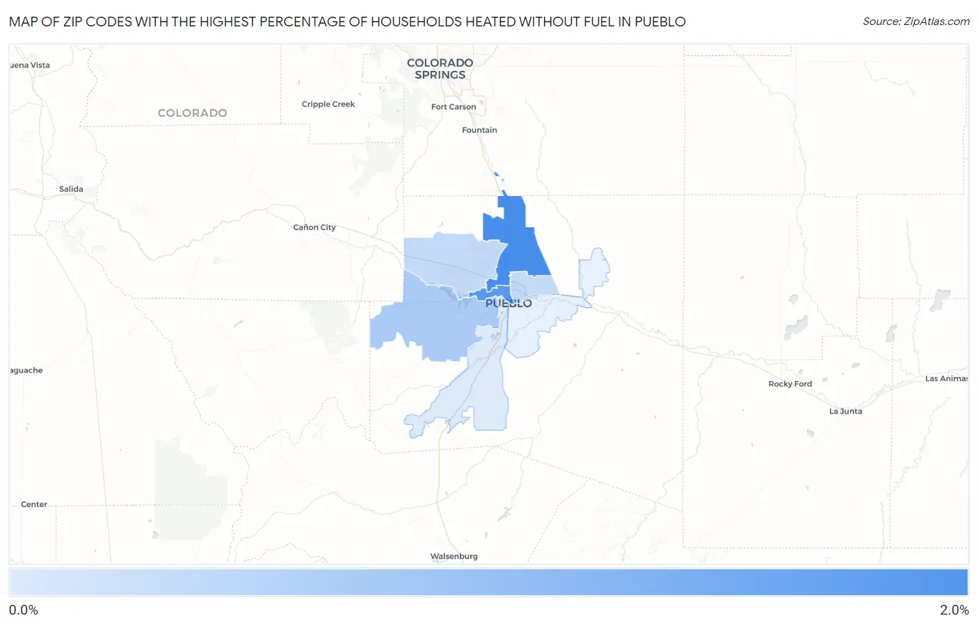 Zip Codes with the Highest Percentage of Households Heated without Fuel in Pueblo Map