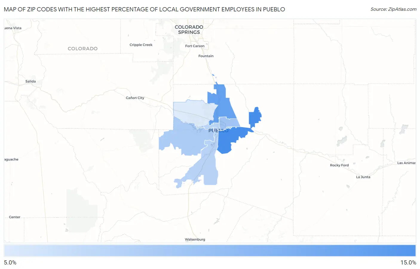 Zip Codes with the Highest Percentage of Local Government Employees in Pueblo Map