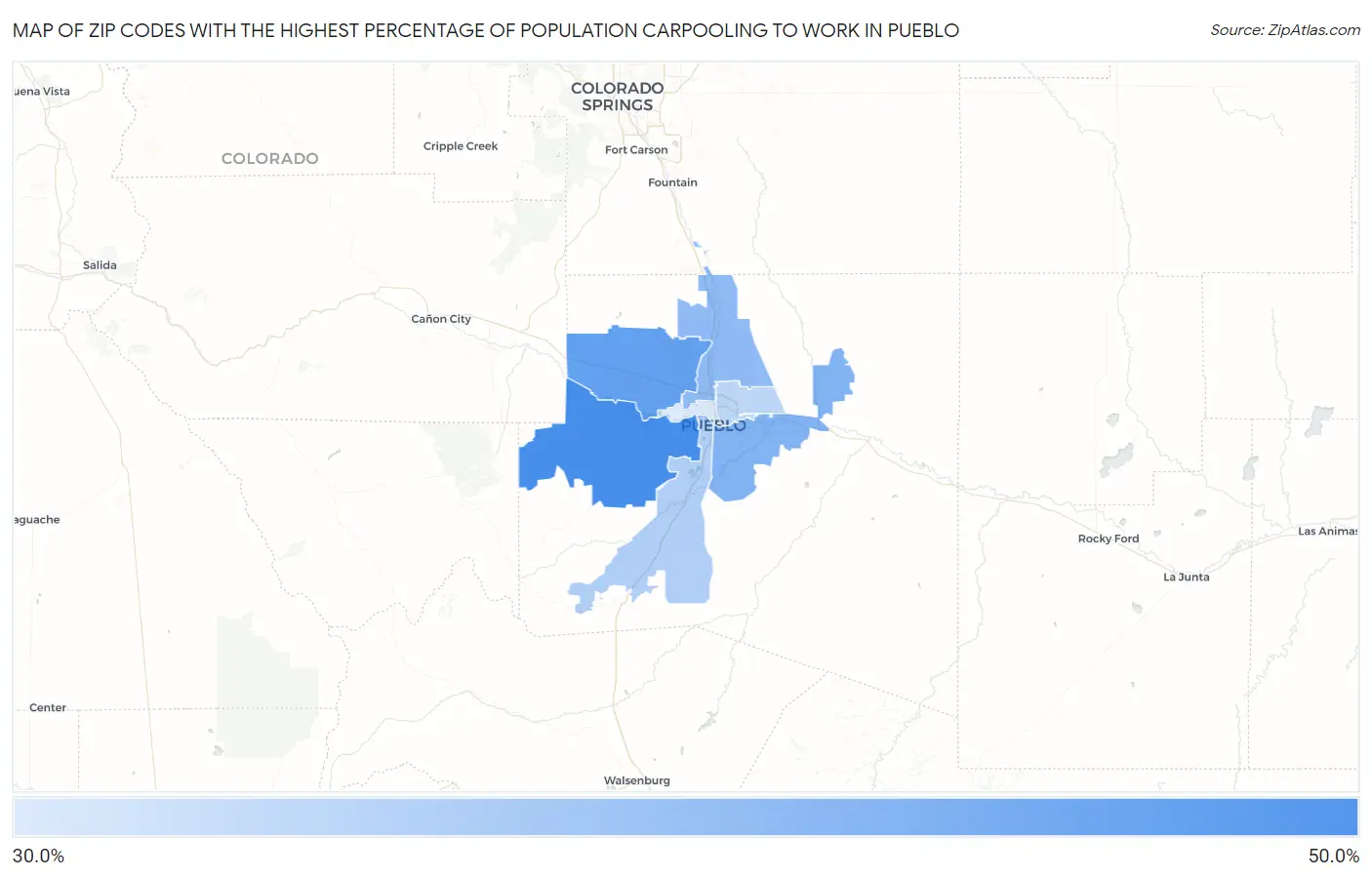 Zip Codes with the Highest Percentage of Population Carpooling to Work in Pueblo Map