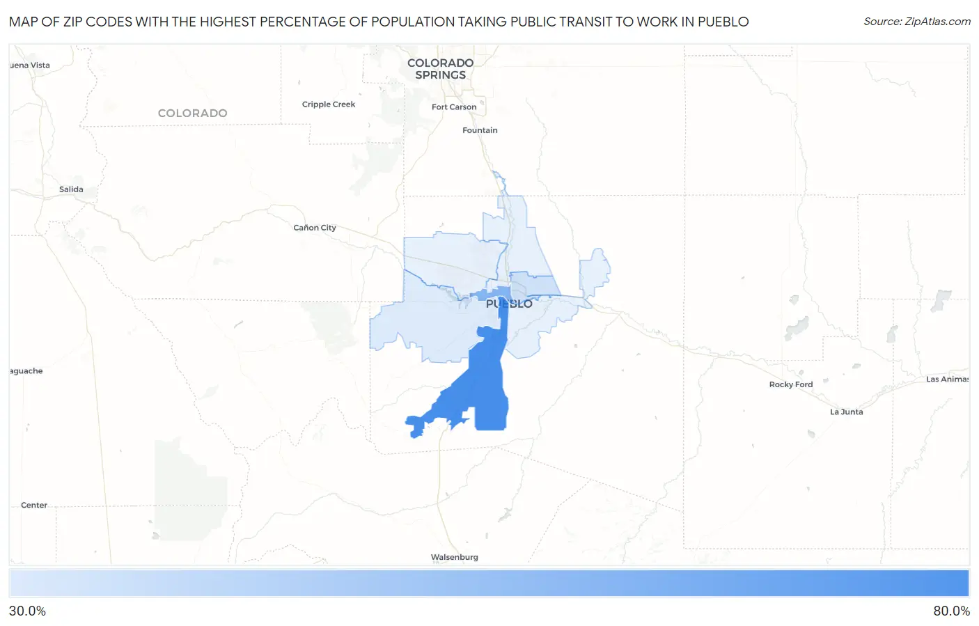 Zip Codes with the Highest Percentage of Population Taking Public Transit to Work in Pueblo Map