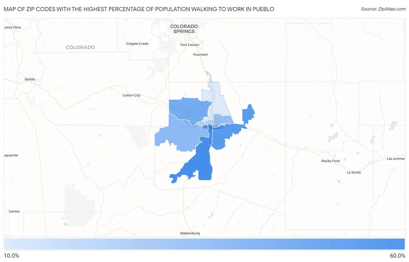 Zip Codes with the Highest Percentage of Population Walking to Work in Pueblo Map