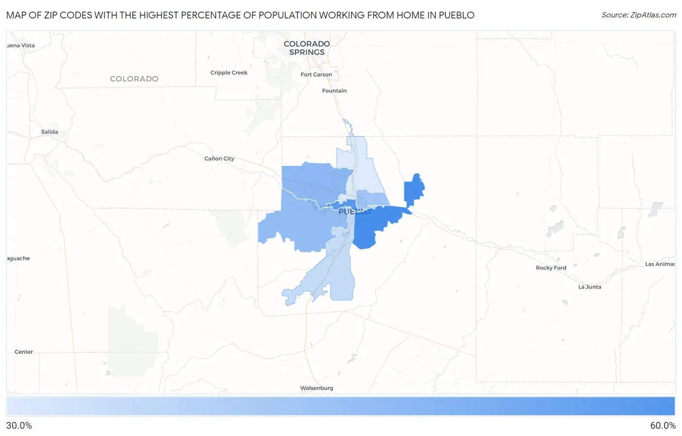 Zip Codes with the Highest Percentage of Population Working from Home in Pueblo Map