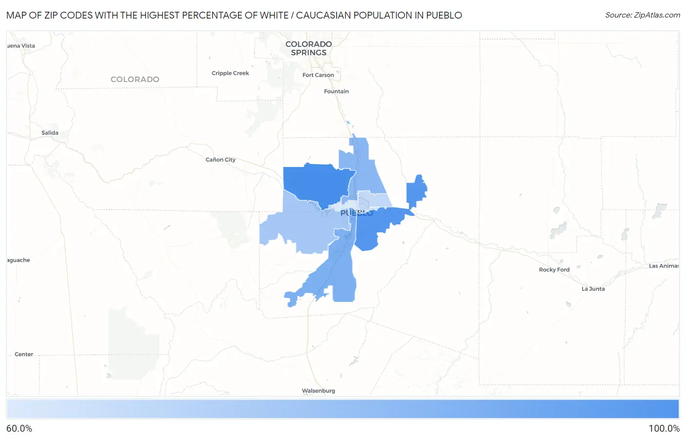 Zip Codes with the Highest Percentage of White / Caucasian Population in Pueblo Map