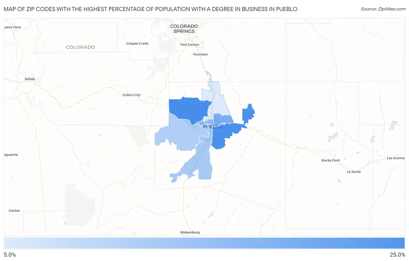 Zip Codes with the Highest Percentage of Population with a Degree in Business in Pueblo Map