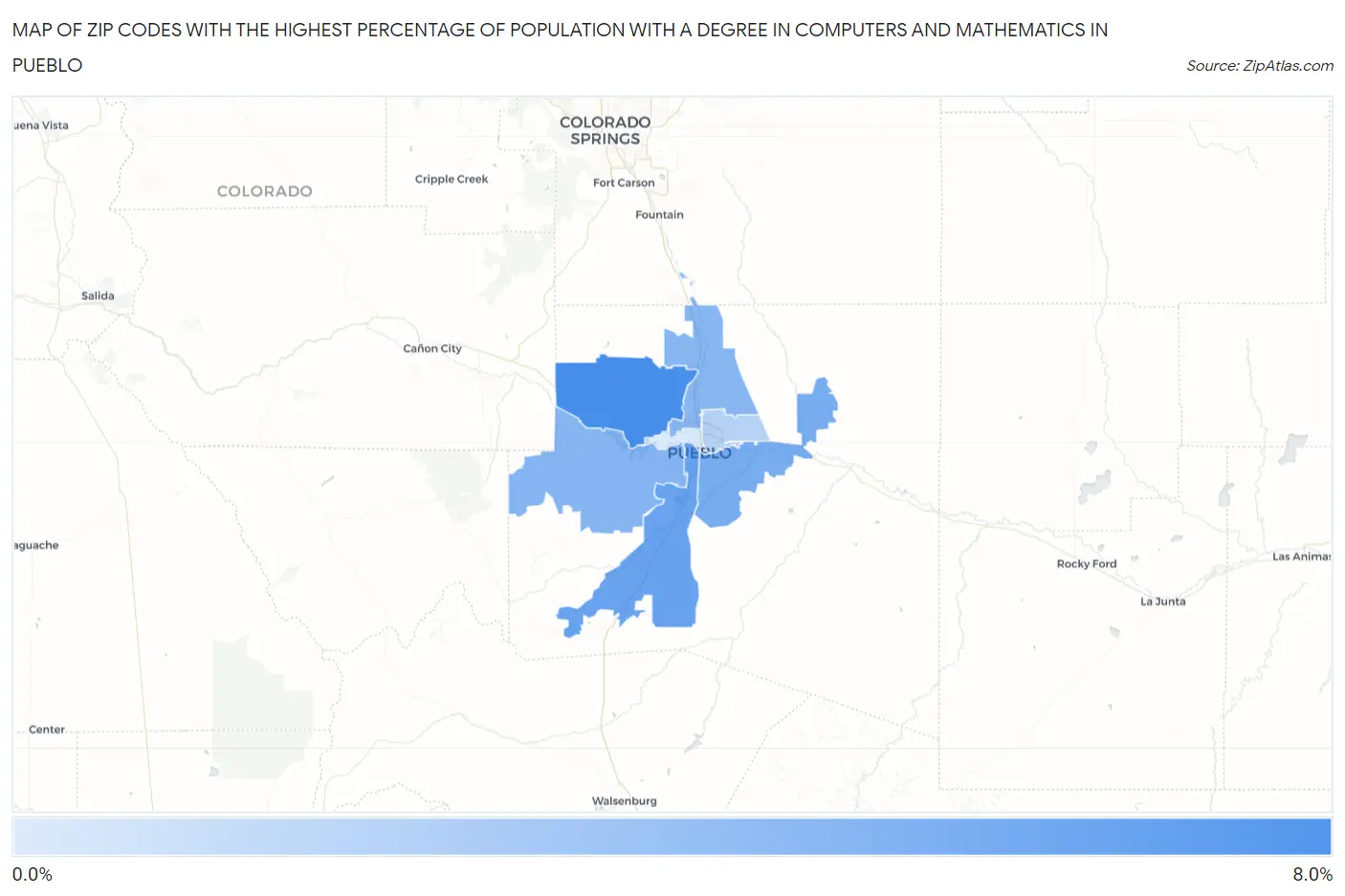 Zip Codes with the Highest Percentage of Population with a Degree in Computers and Mathematics in Pueblo Map