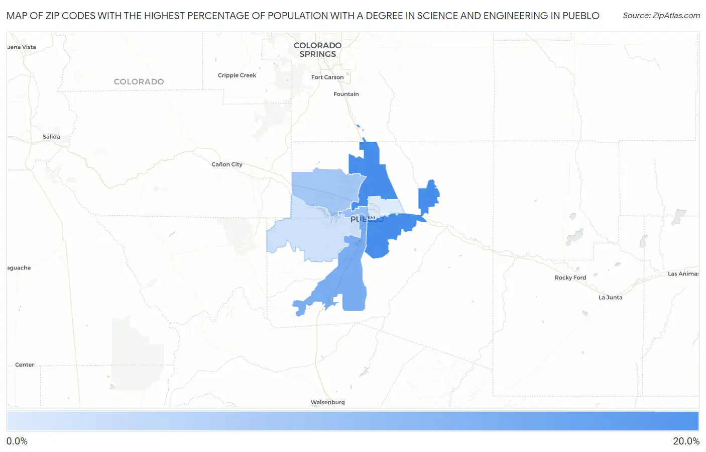 Zip Codes with the Highest Percentage of Population with a Degree in Science and Engineering in Pueblo Map