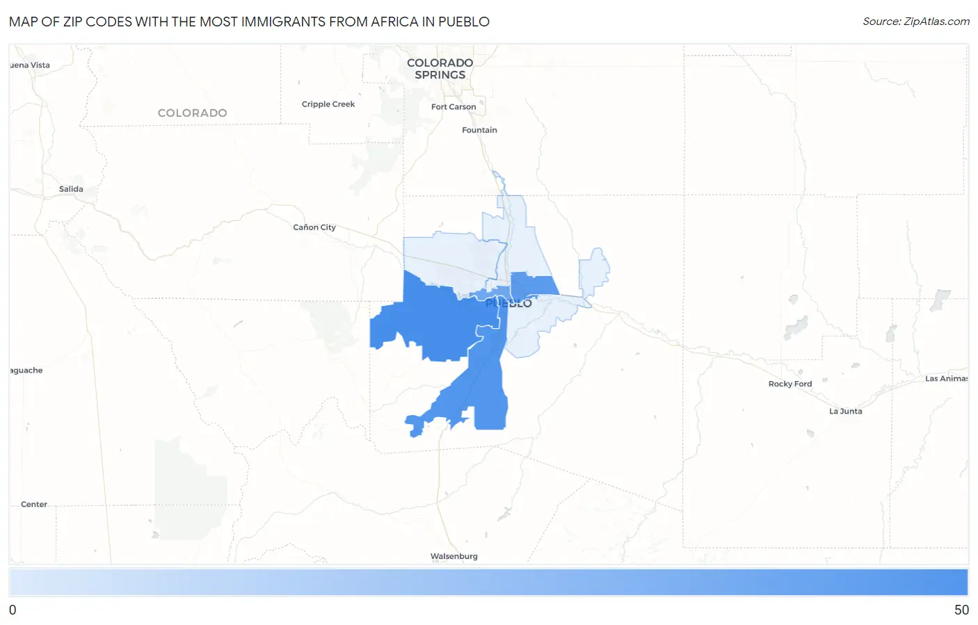 Zip Codes with the Most Immigrants from Africa in Pueblo Map