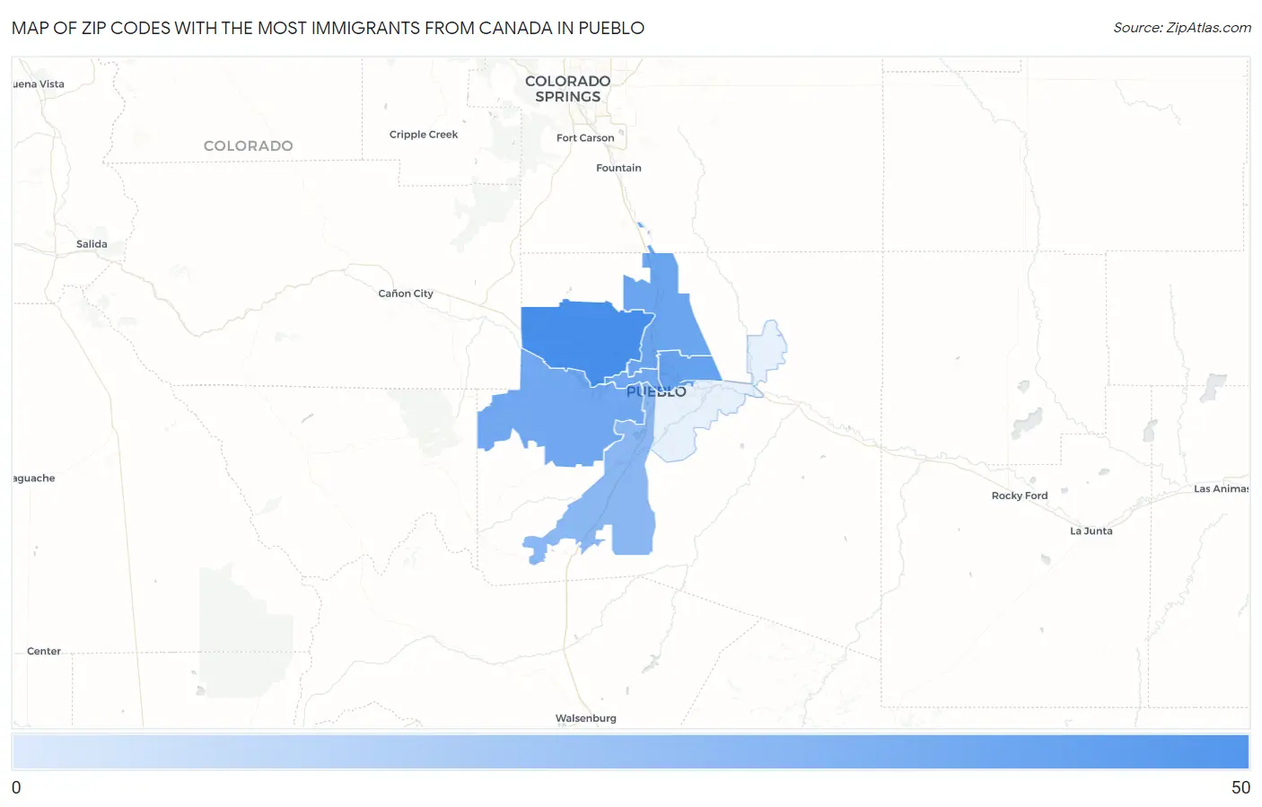 Zip Codes with the Most Immigrants from Canada in Pueblo Map