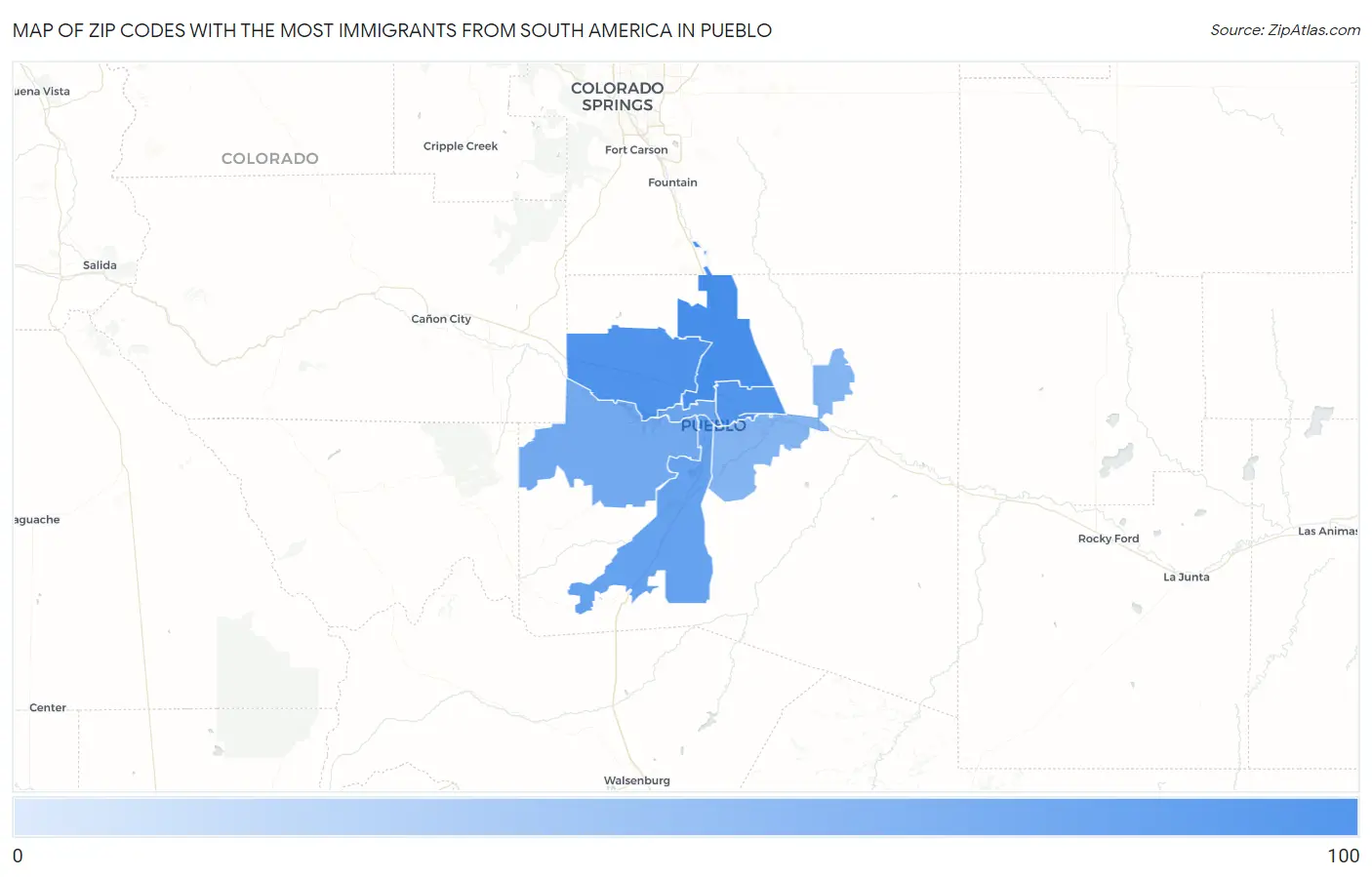 Zip Codes with the Most Immigrants from South America in Pueblo Map
