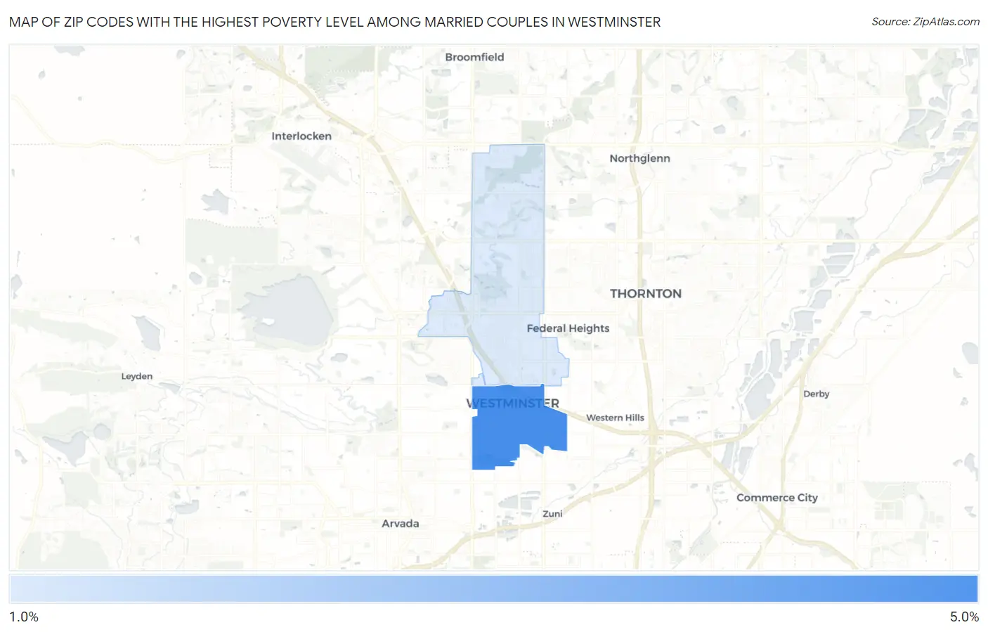 Zip Codes with the Highest Poverty Level Among Married Couples in Westminster Map