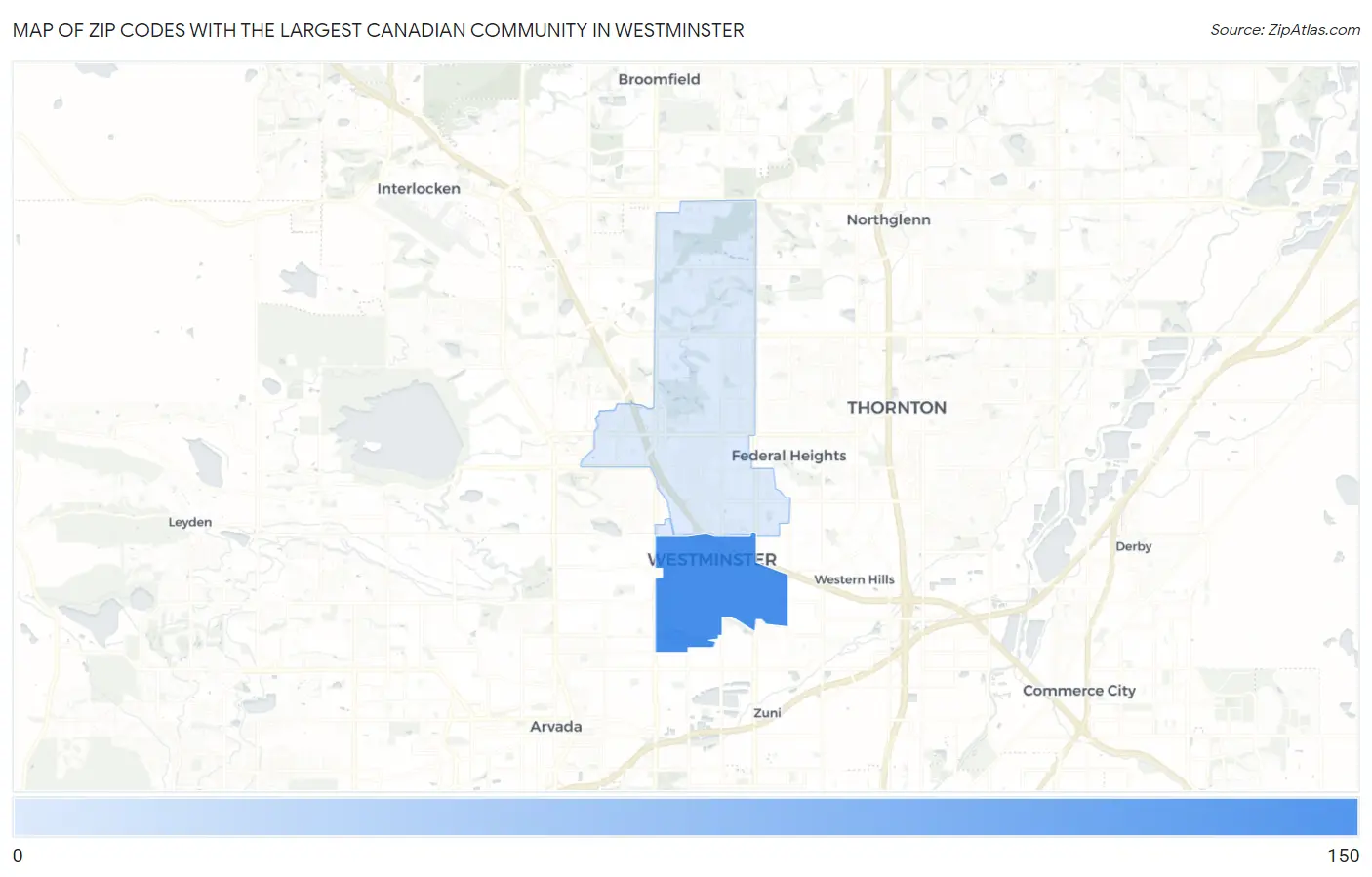 Zip Codes with the Largest Canadian Community in Westminster Map