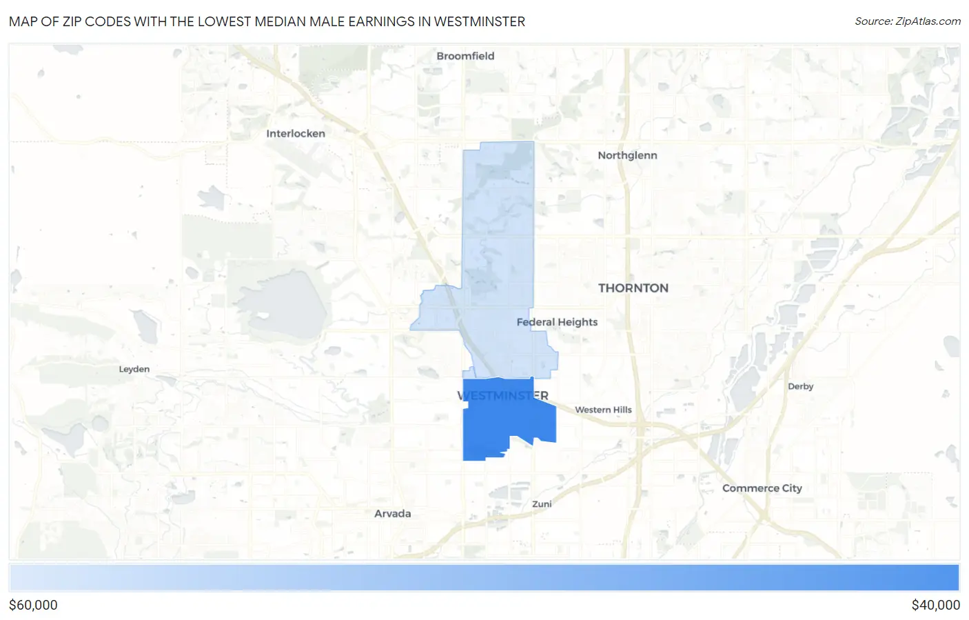 Zip Codes with the Lowest Median Male Earnings in Westminster Map