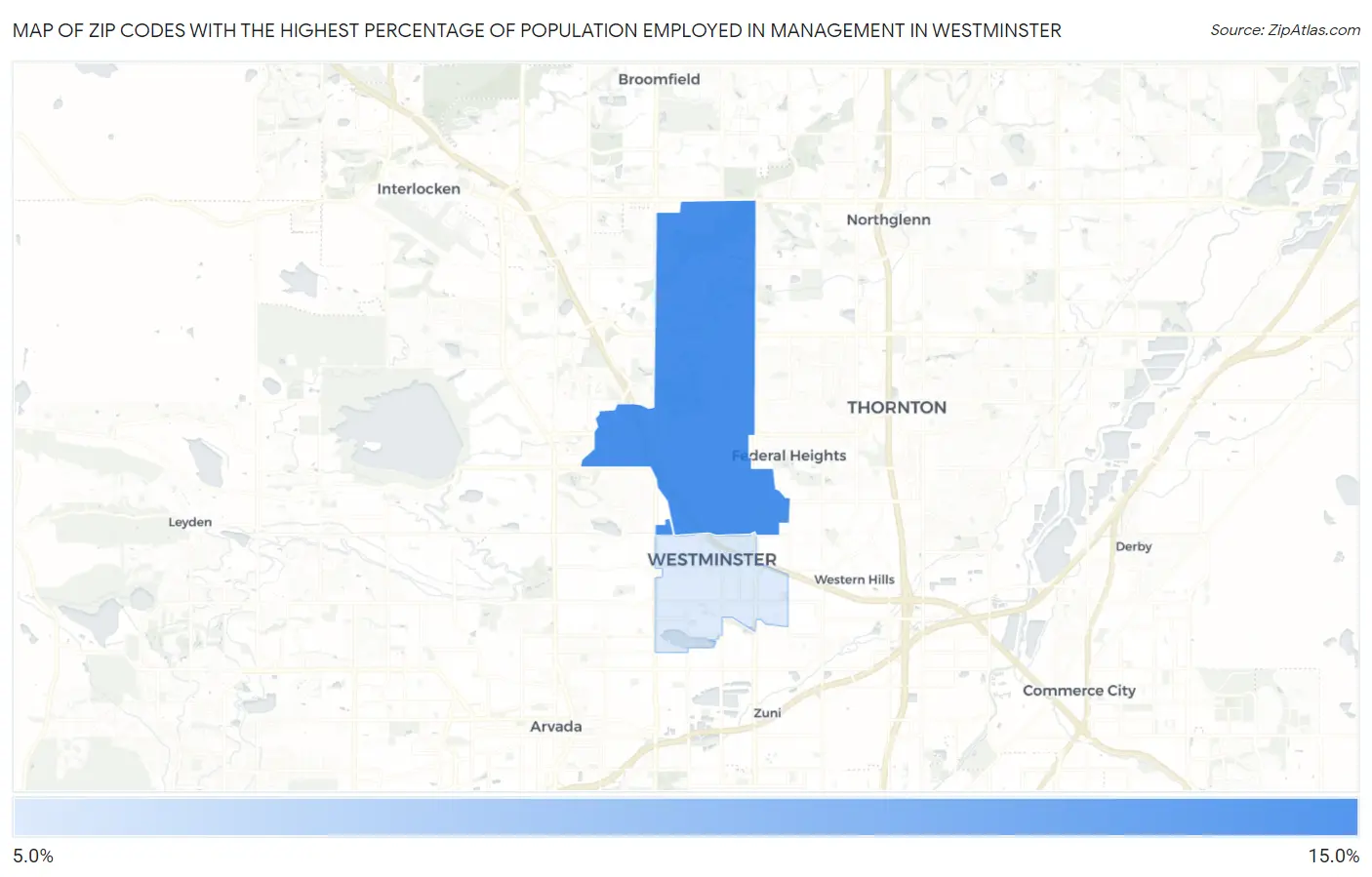 Zip Codes with the Highest Percentage of Population Employed in Management in Westminster Map