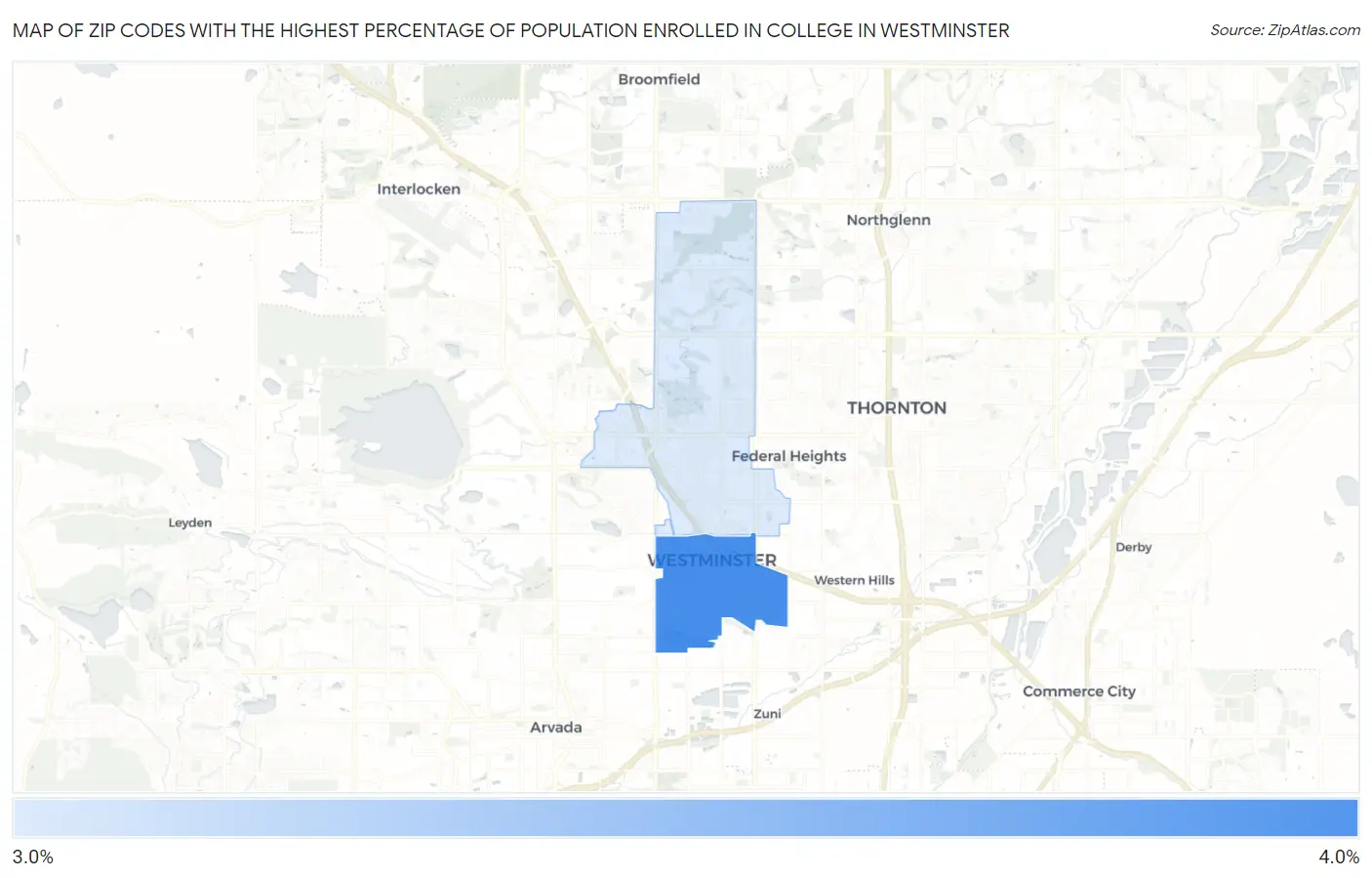 Zip Codes with the Highest Percentage of Population Enrolled in College in Westminster Map