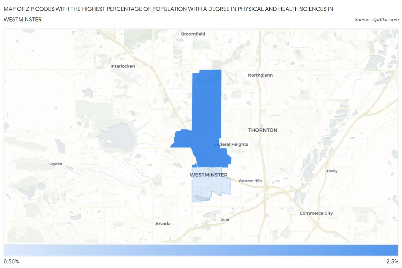 Zip Codes with the Highest Percentage of Population with a Degree in Physical and Health Sciences in Westminster Map