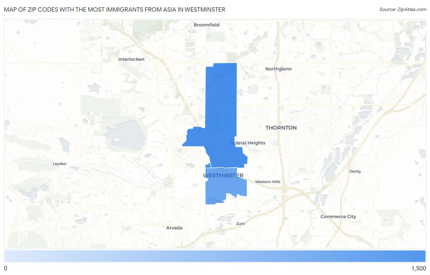 Zip Codes with the Most Immigrants from Asia in Westminster Map