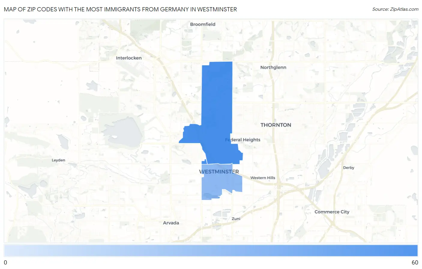 Zip Codes with the Most Immigrants from Germany in Westminster Map