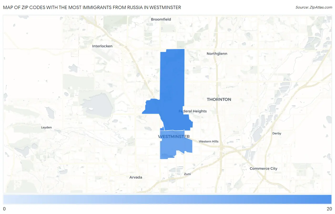 Zip Codes with the Most Immigrants from Russia in Westminster Map