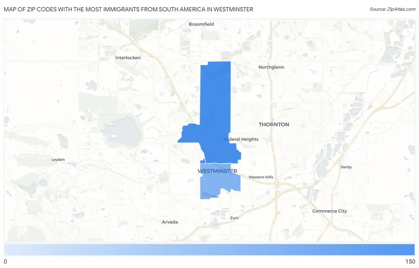 Zip Codes with the Most Immigrants from South America in Westminster Map