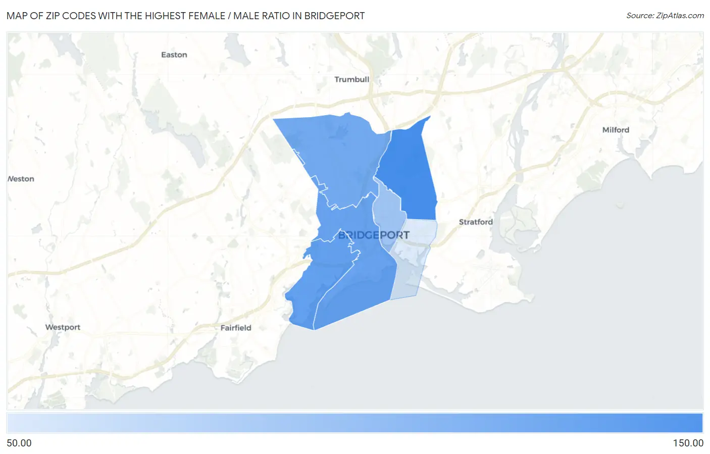 Zip Codes with the Highest Female / Male Ratio in Bridgeport Map