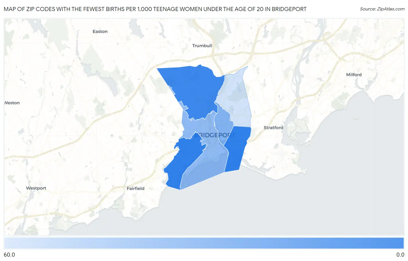 Zip Codes with the Fewest Births per 1,000 Teenage Women Under the Age of 20 in Bridgeport Map